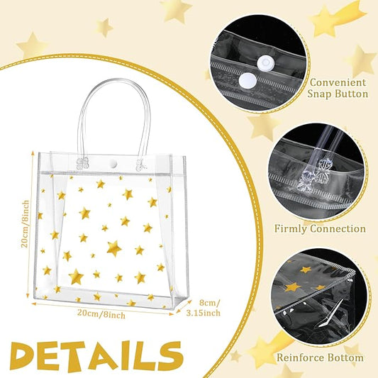 Aliceset 20 Pcs 8 x 8 x 3.15 Inch Clear PVC Gift Bags with Handles Small Gold Foil Star Transparent Star Party Favor Goodie Bags for Baby Shower Birthday Wedding Candy Snack Gift Wrapping