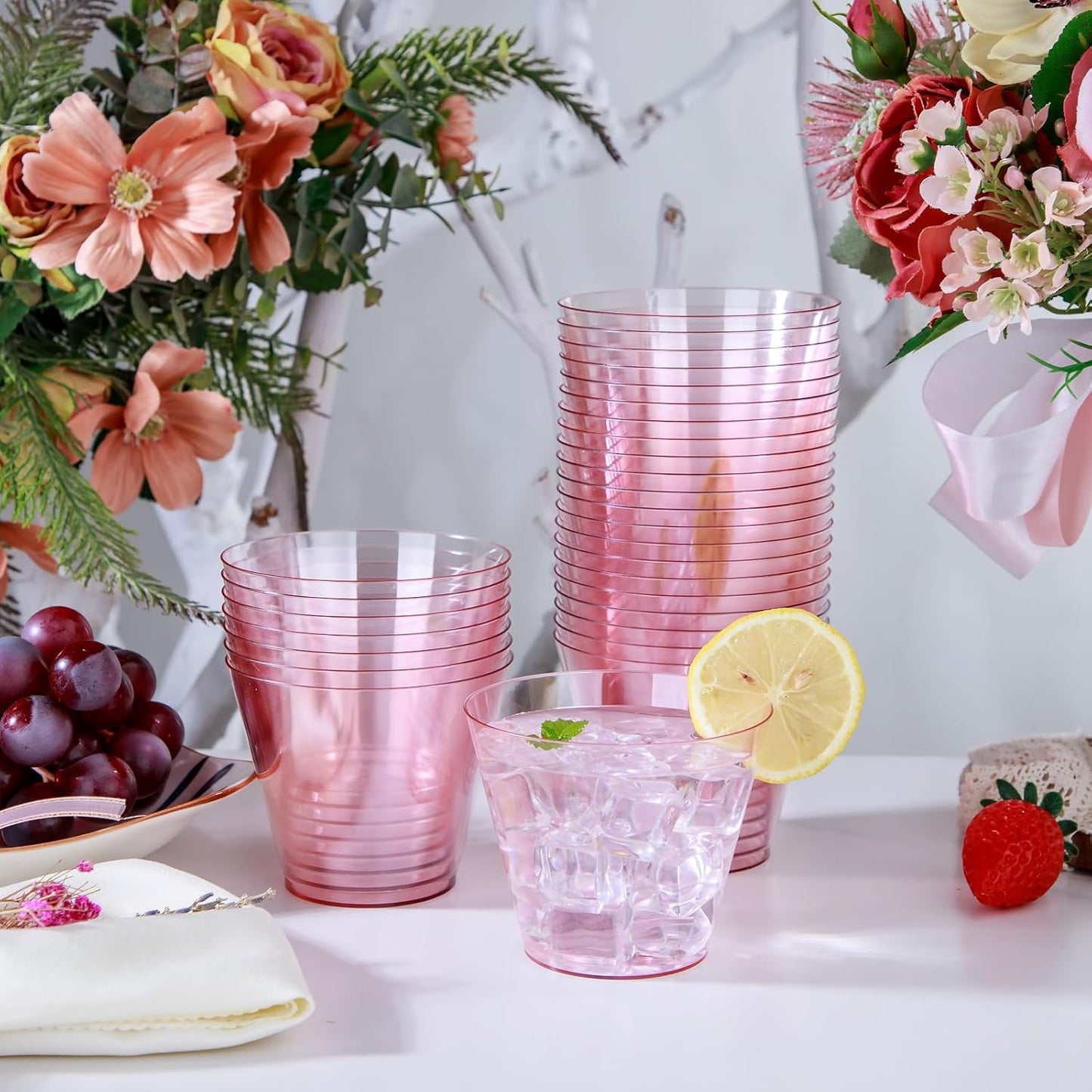 Ciaell 300PCS Clear Pink Plastic Cups - 9 Oz Heavy Duty Plastic Cups - Clear Party Cup Disposable Wine Cup for Parties & Weddings & Party