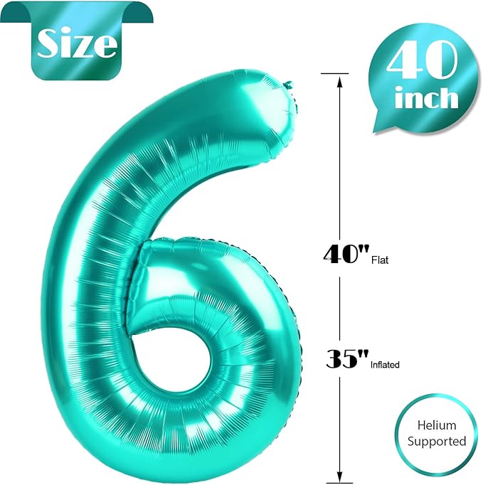 Teal Blue 6 Balloon, Number Balloons 40 Inch, 6th Balloons for Birthday Decorations, Teal Blue Party Supplies 6 Birthday Balloon, Number 6 Balloon