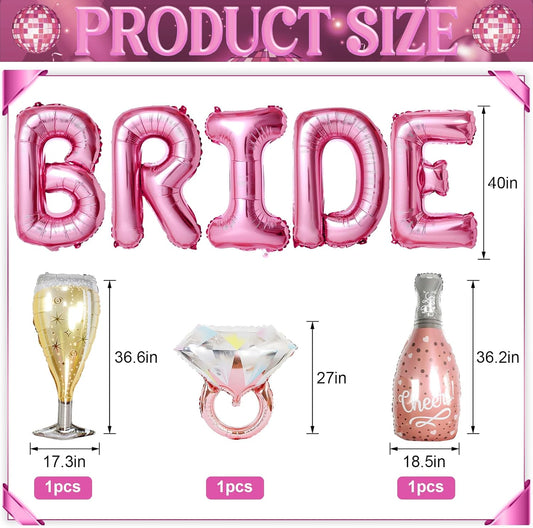 40inch Bride Balloons Pink Letters Banner, Bachelorette Party Decorations Set with Diamond Ring Champagne Bottle Balloon Glass Foil Balloon for Pink Bachelorette Engagement Wedding Bridal Shower Decor