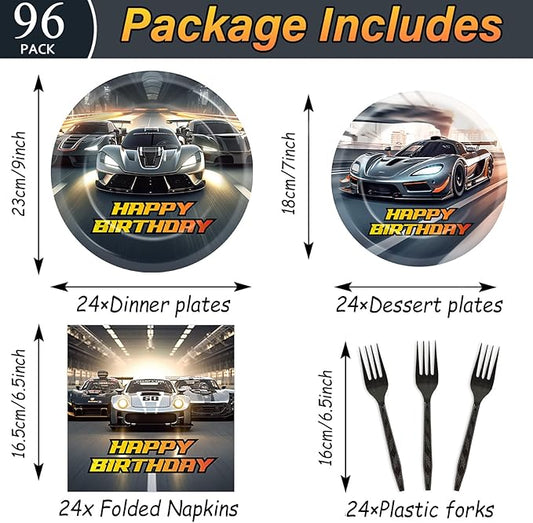 96PCS Race Car Party Paper Plates and Napkins and Forks Set for Hot Car Theme Wheel Racing Party Paper Plates Disposable Decor Race Track Parties Set for Kids Birthday Gatherings Decorations