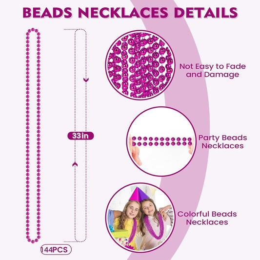 SHAOQINLIN 144 PCS Breast Cancer Awareness Necklaces, Hot Pink Bead Necklace, 33" Pink Mardi Gras Beads, Breast Cancer Awareness Accessories for Parade Supplies