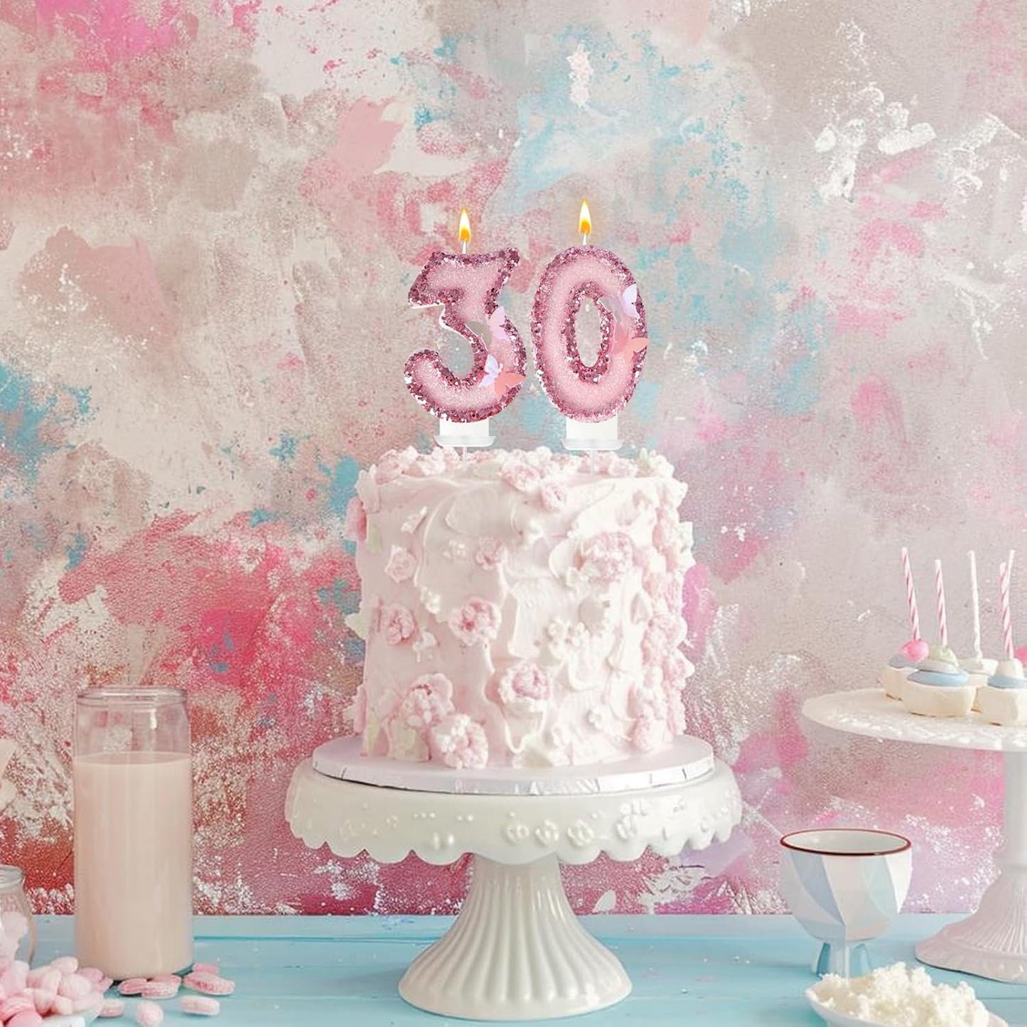 30Th Birthday Candles，Glitter Butterfly Cake Toppers Pink Sequins Wedding Numeral Cupcake Decorations，Suitable for Girl and Boy Wedding Cakes, Party Celebrations, Birthday Decorations (30)