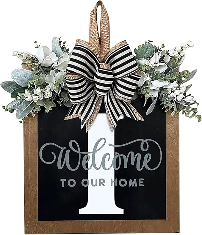 Last Name Year Round Front Door Wreath Front Porch Decoration 26 Letter Welcome Sign with Eucalyptus Garland and Bow Spring Wreaths for Front Door Outside Hanger Garland（I）