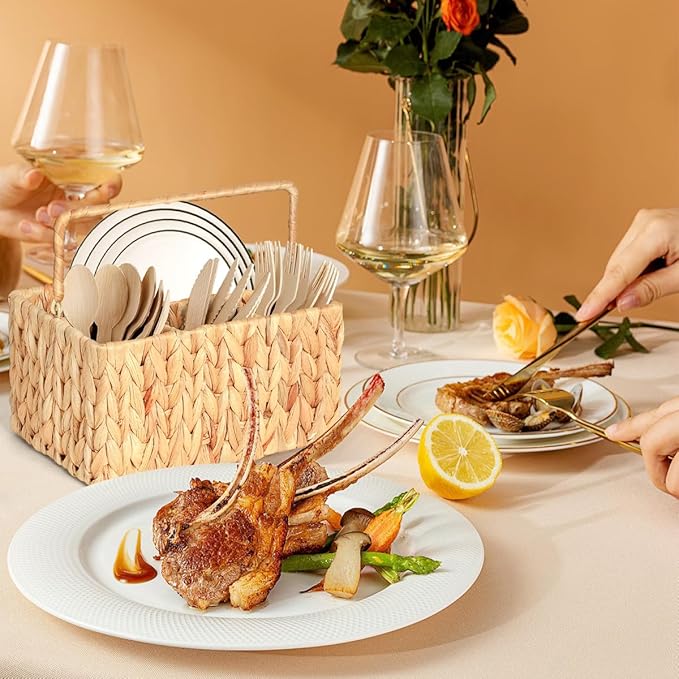 Wicker Flatware Organizer, Water Hyacinth Cutlery Holder, Outdoor Silverware Caddy, Woven Divided Utensil Caddy with Handle, Utensil Holder for Table, Kitchen (Natural Water Hyacinth)
