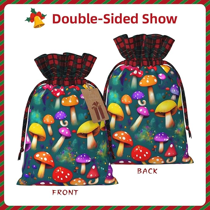 PULaif Bright Mushrooms Arts Christmas Drawstring Gift Bags, Large Size Christmas Bags For Gifts Party Favors, Xmas Gift Bags