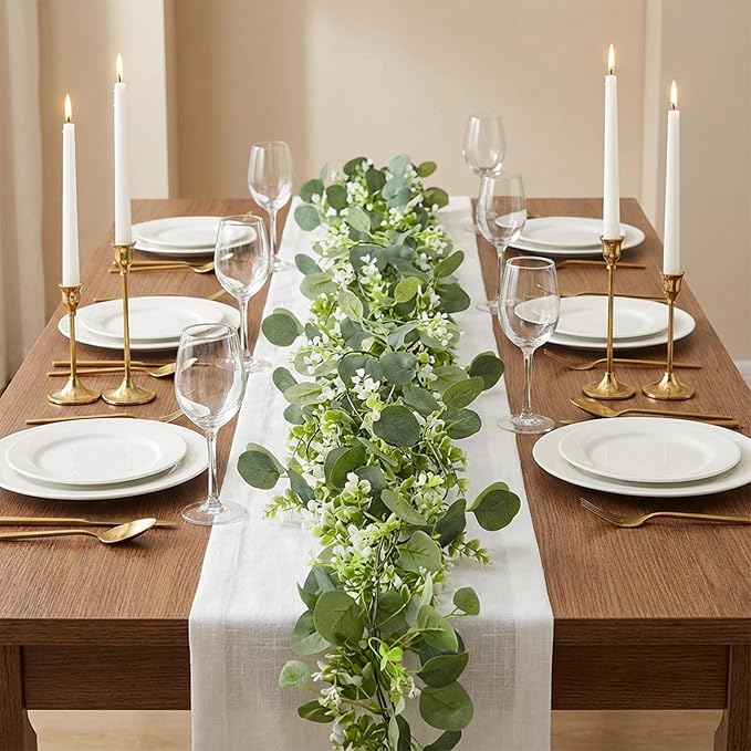 6 Pack 5.9 Feet Faux Eucalyptus Garlands Bulk, Artificial Wedding Garland with White Flowers Faux Silver Dollar Eucalyptus Leaves Vines for Table Home Wedding Party Indoor Outdoor Decor