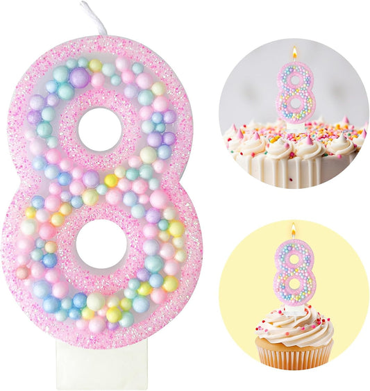 Zlongron Birthday Number Candles, Handmade Macaron 3D Flash Number 8 Candle, Suitable for Girls and Boys' Birthdays, Weddings, Anniversaries, Theme Party Cake Decorations