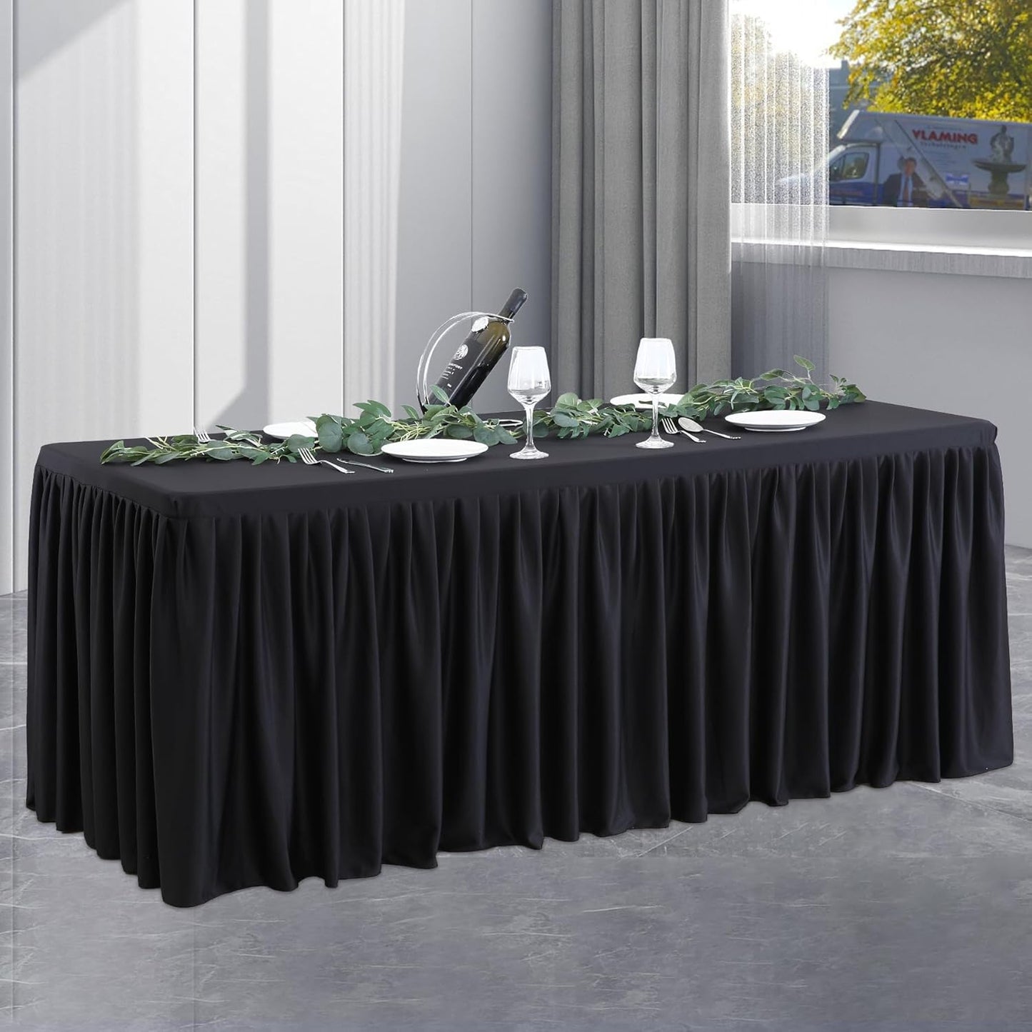 Black Polyester Table Clothes for 4 Foot Rectangle Tables, Wrinkle Free Fitted Table Cover 4ft Stretch Tablecloths with Skirt for Parties Weddings Birthday Banquet Baby Shower