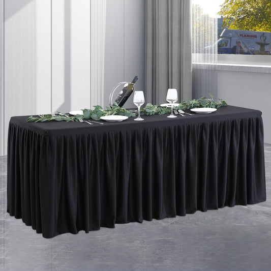 Black Polyester Table Clothes for 4 Foot Rectangle Tables, Wrinkle Free Fitted Table Cover 4ft Stretch Tablecloths with Skirt for Parties Weddings Birthday Banquet Baby Shower