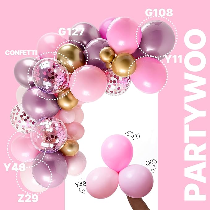 PartyWoo Pink and Gold Balloons 65pcs 12 Inch Metallic Gold Pearl Matte Hot Light Pastel Pink Confetti Balloons for Gender Reveal Baby Shower Bridal Shower Princess Birthday Party Decorations