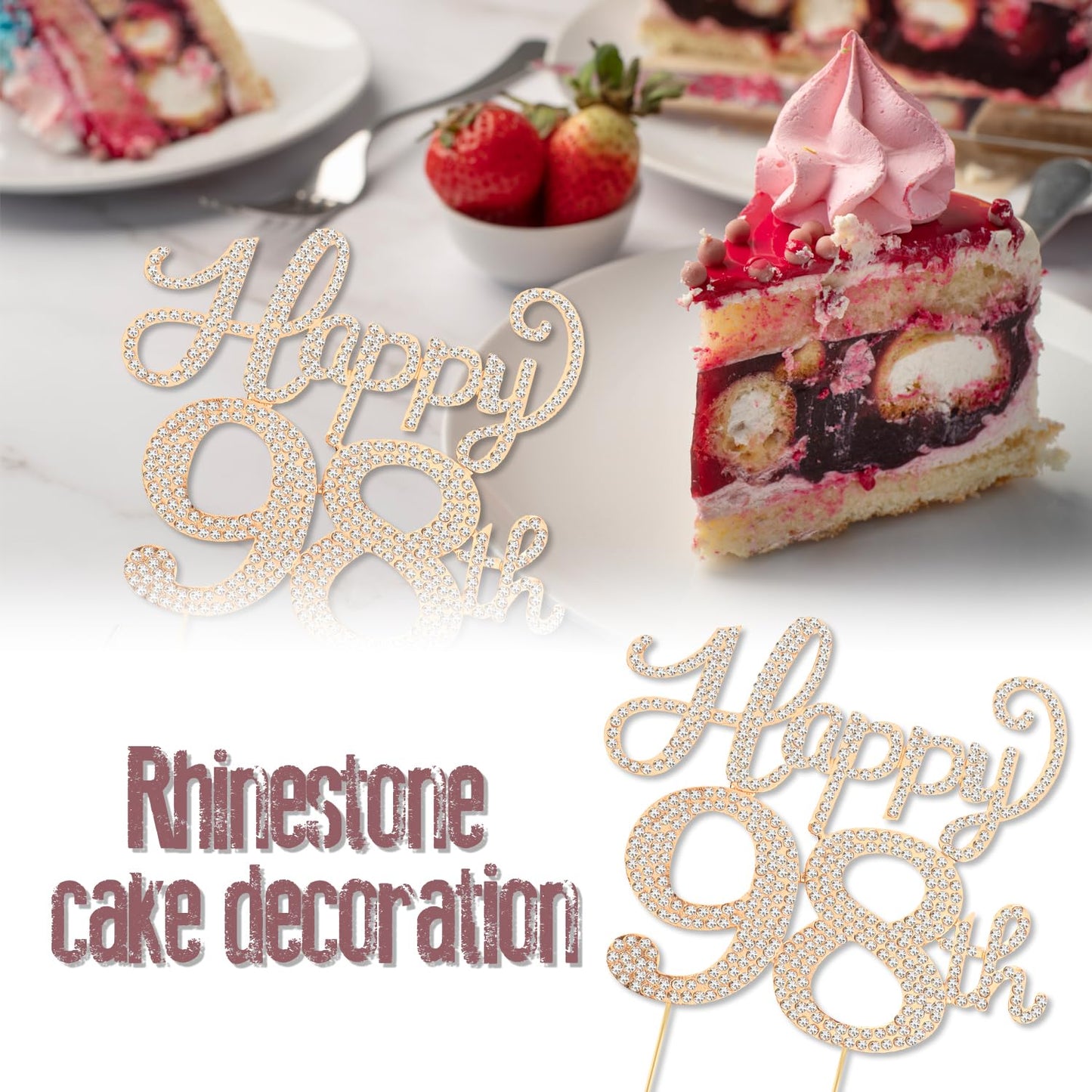 Happy 98th Birthday Decorations,98th Birthday Gold Rhinestone Cake Topper - Cheers to 98 Years Old Bday Party Metal Sparkly Cake Centerpieces Sign.