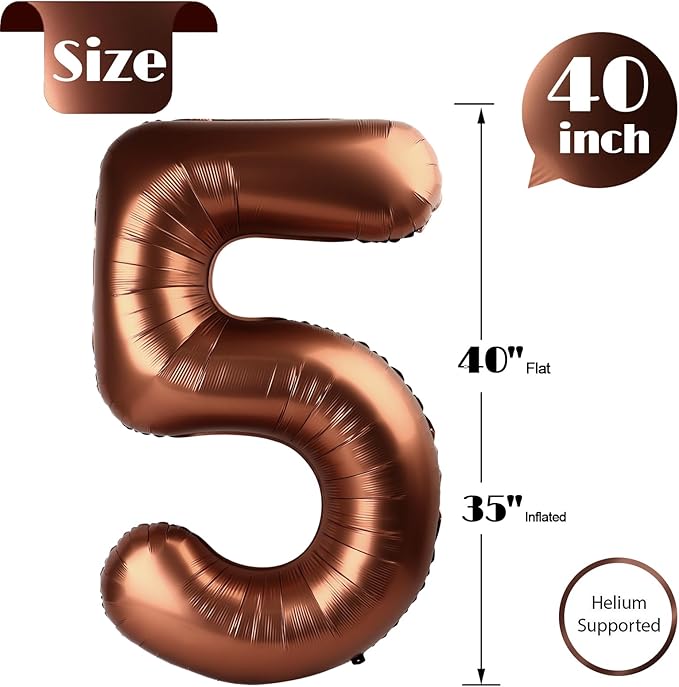 Dark Brown 5 Number Balloons - 40 Inch, 5th Birthday Decorations