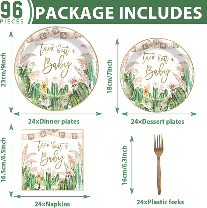 96Pcs Taco Baby Shower Party Supplies Taco Bout A Baby Paper Plates Napkins Cactus Baby Shower Party Decorations Gender Reveal Dinnerware Party Favor Taco Baby Shower Tableware Serves 24