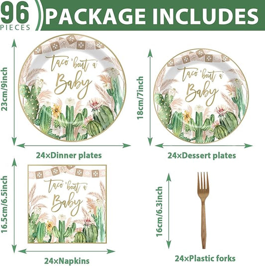 96Pcs Taco Baby Shower Party Supplies Taco Bout A Baby Paper Plates Napkins Cactus Baby Shower Party Decorations Gender Reveal Dinnerware Party Favor Taco Baby Shower Tableware Serves 24