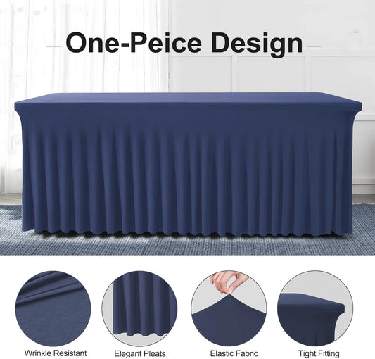 Table Skirts for Rectangle Tables 8ft - 2 Pack One-Piece Navy Blue Tablecloths and Skirt, Wrinkle Resistant Ruffles Elastic Cover for Banquets, Weddings, Events, Parties