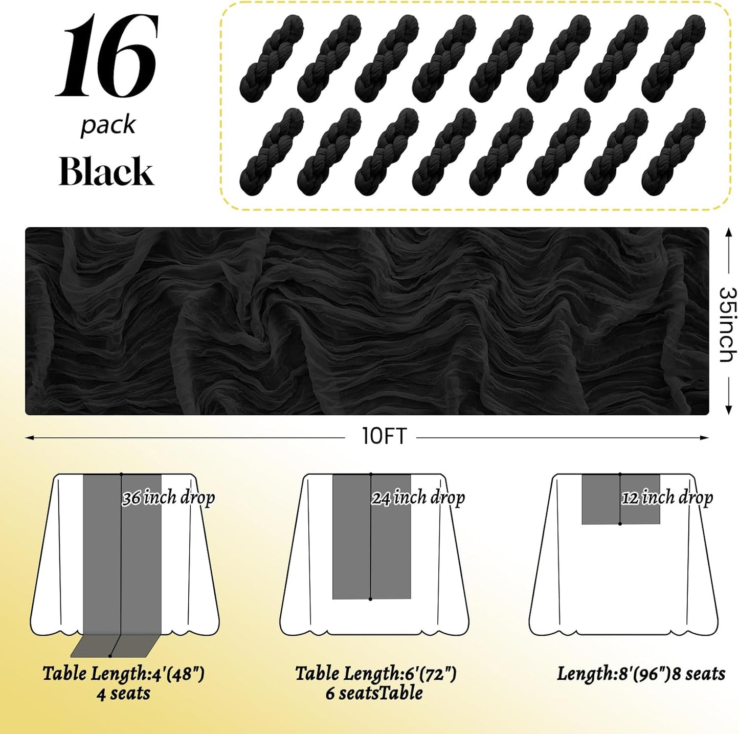 16Pack Black Halloween Table Runner 10FT Cheesecloth Table Runner 35x120Inch Long Boho Cheese Cloth Table Runners Rustic Gauze Table Runners for Party Wedding Bridal Shower Baby Shower Decorations