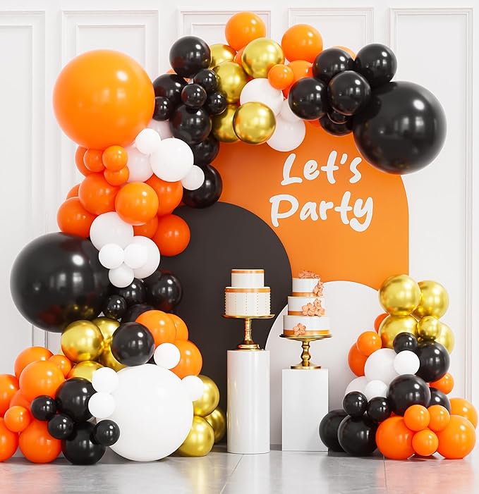 Halloween Balloon Garland Arch Kit, 134 pcs Orange Black White Gold Latex Balloons in Assorted Sizes, Perfect for Halloween Party, Haunted House, Spooky Birthday or Indoor Outdoor Decor