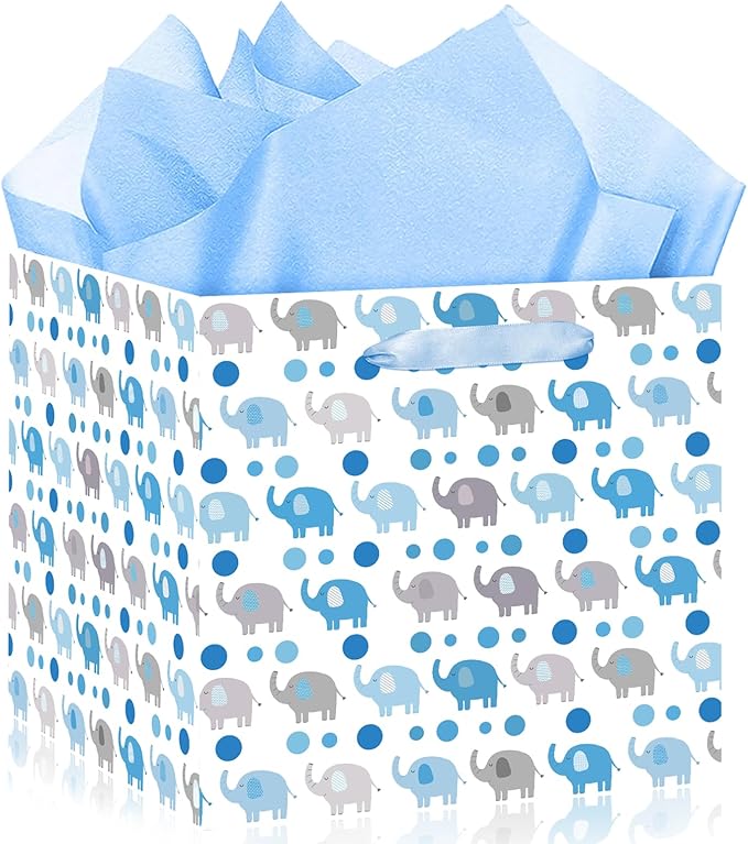 Woosytoo Extra Large Baby Boy Gift Bags - Blue Elephant Square Gift Bag with Wrapping Paper Jumbo Baby Shower Wrapping Paper Bag for Newborn Congratulations Gifts It's a Boy Party Favors Decor
