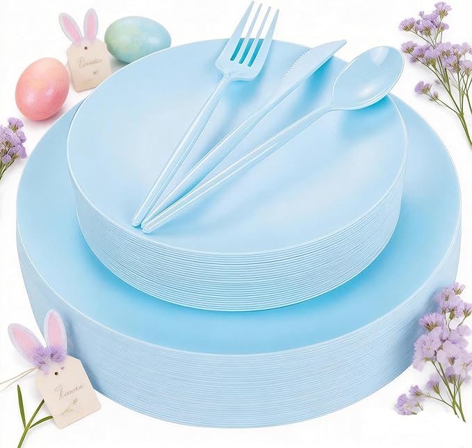 EI 150pcs Blue Plastic Plates Disposable Light Blue Baby Shower Plates Heavy Duty Dinnerware Set Plastic Silverware for Party,Wedding,Easter,Spring Afternoon Tea