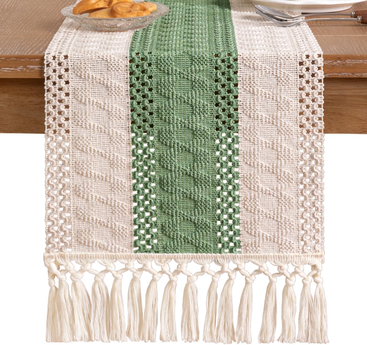 Socomi Boho Table Runner Fall Thanksgiving Farmhouse Rustic Dining Kitchen Decor Small Macrame Woven Cotton Linen Coffee Table Runner for Dresser Scarf Home Decor 12x48 inch Sage Green Ivory