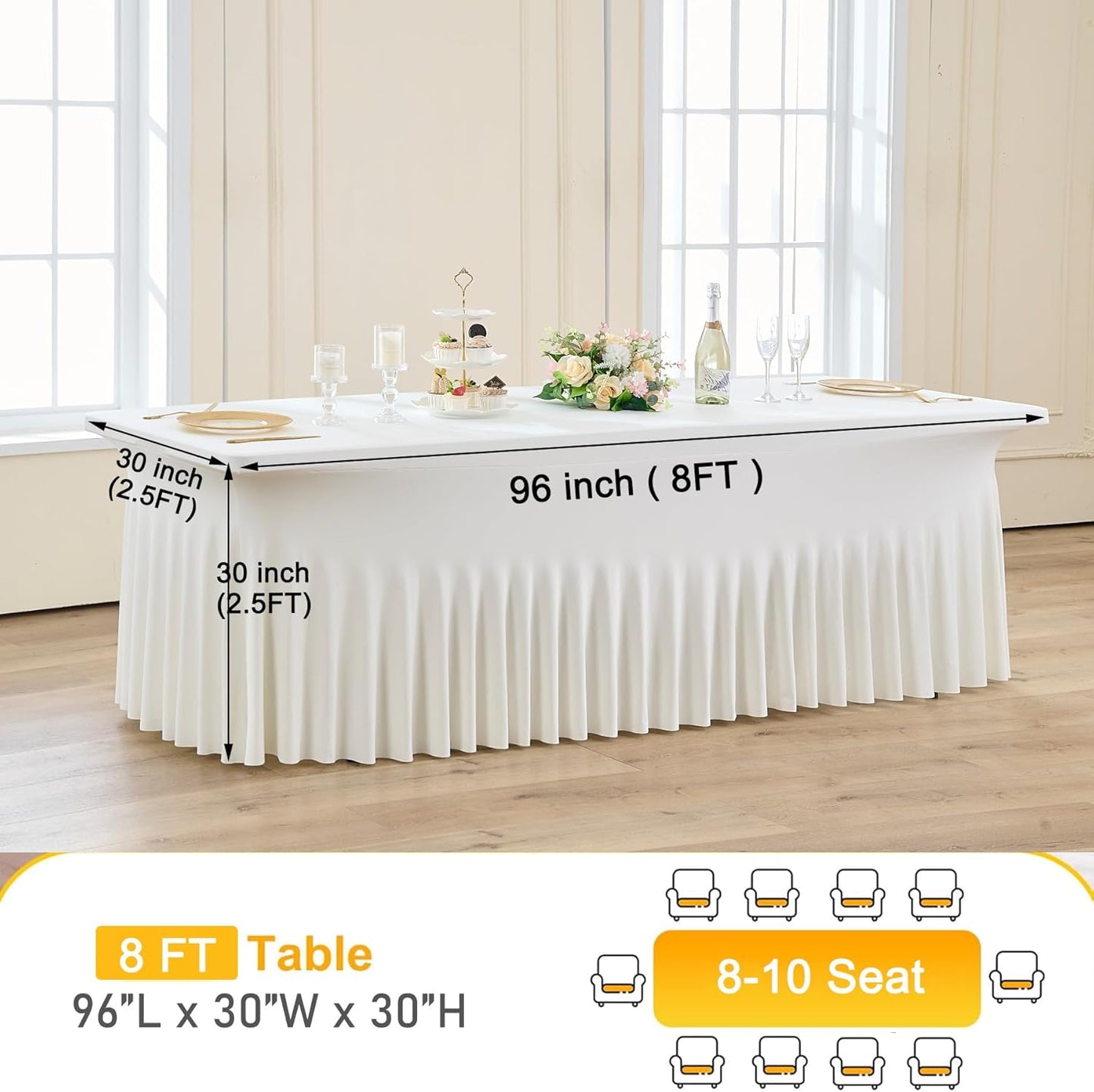 4pack Ivory Spandex Tablecloths 8ft for Rectangle Tables, Wrinkle Free Classy Table Skirt Stretchy 8 Foot Fitted Table Cloths Covers for Weddings Birthday Party Events Banquette Baby Shower