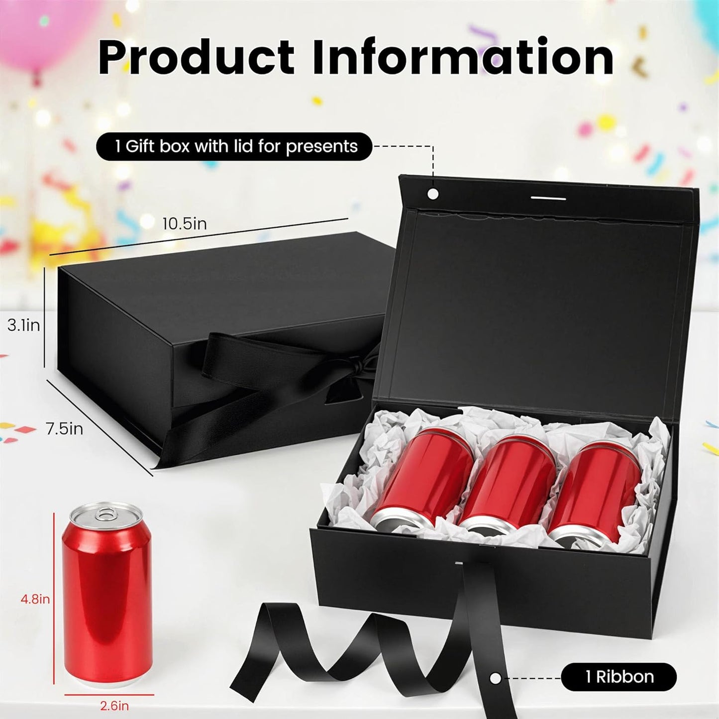 JOHOUSE Black Gift Box 10.5x7.5x3.1 Inches Gift Boxes with Lids for Presents Magnetic Closure Collapsible with Ribbon For men Groomsman Proposal Birthday Halloween Box