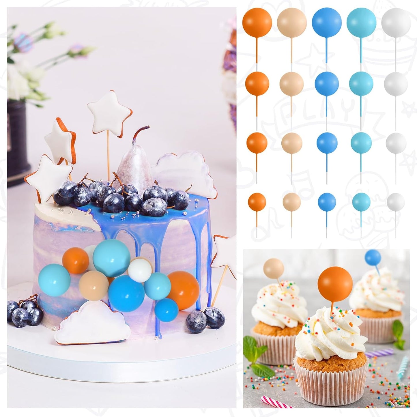 138 Pcs Balls Cake Topper Decorations Balloon Cupcake Toppers Foam Multisize Cake Topper Balls for Birthday Party Wedding Anniversary(Bright Colors)