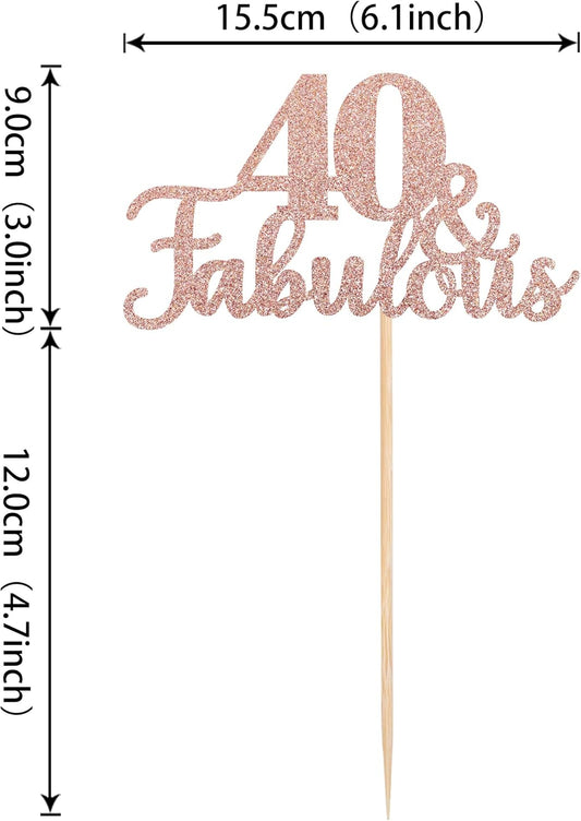1 PCS 40 & Fabulous Cake Topper Glitter Forty and Fabulous Cake Toppers Happy 40th Birthday Cake Pick for 40th Wedding Anniversary Birthday Party Cake Decorations Supplies Rose Gold