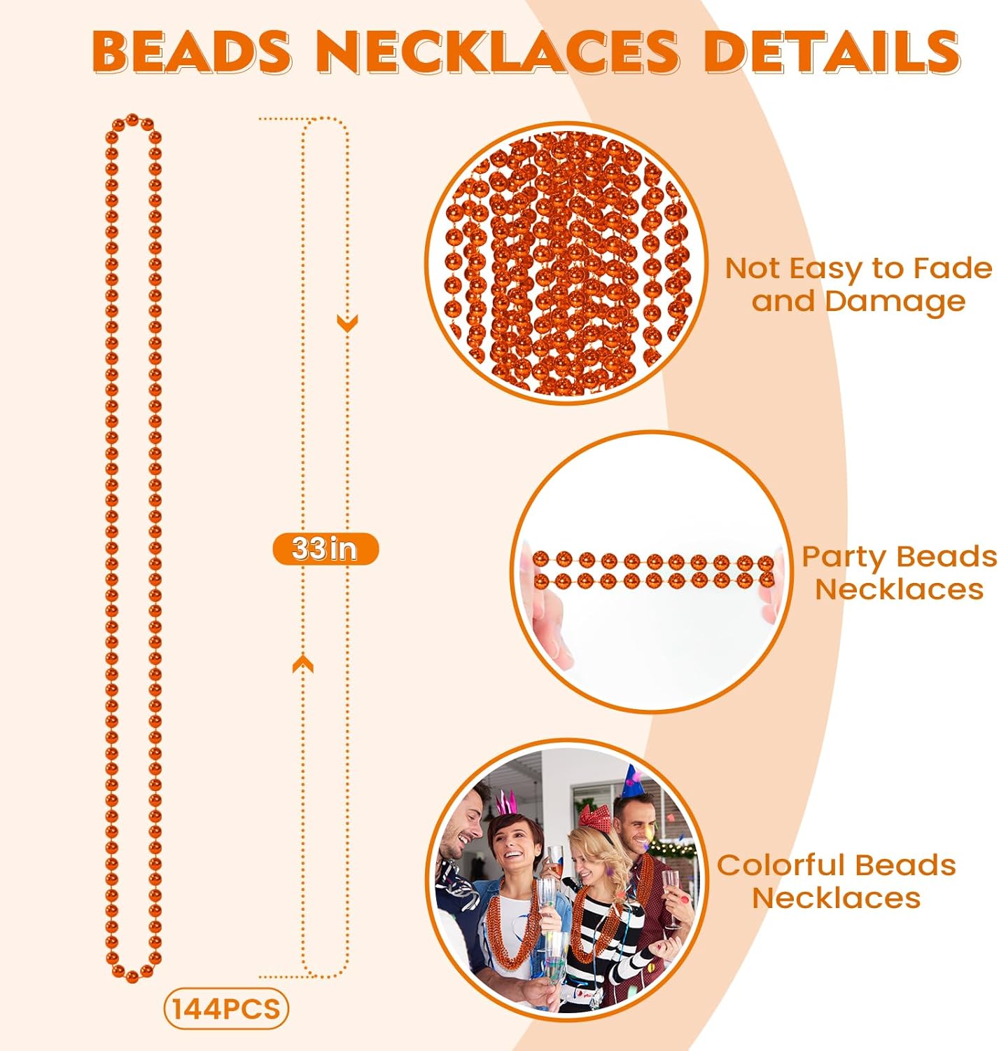 SHAOQINLIN 144 PCS Orange Bead Necklace, Orange Mardi Gras Beads, Halloween Necklaces, 33 Inch Party Beads Necklace Round Beaded Necklace for Mardi Gras, Christmas, Halloween