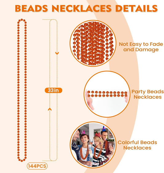 SHAOQINLIN 144 PCS Orange Bead Necklace, Orange Mardi Gras Beads, Halloween Necklaces, 33 Inch Party Beads Necklace Round Beaded Necklace for Mardi Gras, Christmas, Halloween