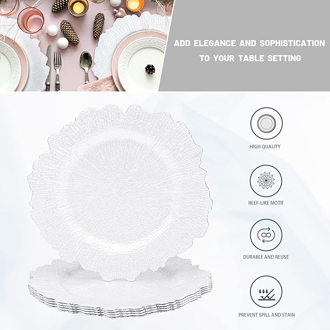 MAONAME 13" White Charger Plates, Round Reef Chargers for Dinner Plates, Plastic Plate Chargers for Table Setting, Wedding Decor, Set of 12