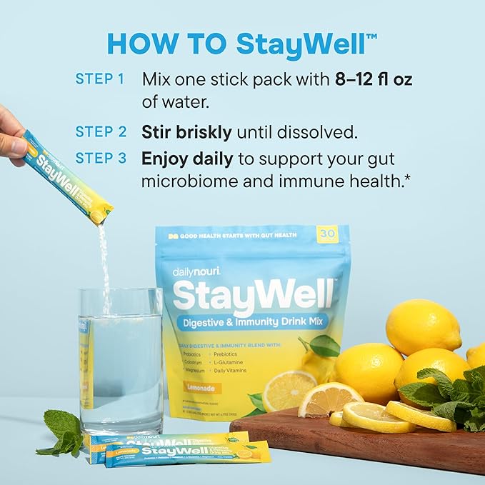 DAILYNOURI StayWell Digestive & Immunity Drink Mix | Supports Gut Health, Digestion, Immunity & Energy | Probiotics, Prebiotics, Colostrum & Daily Vitamins | 30 Stick Packs