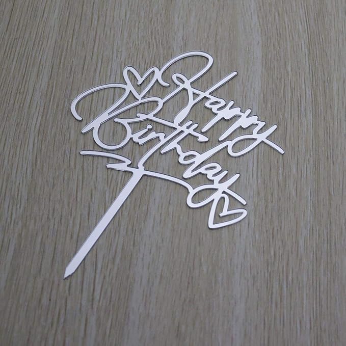 Happy Birthday Cake Topper - Birthday Party Decorations, Mirror Silver Acrylic
