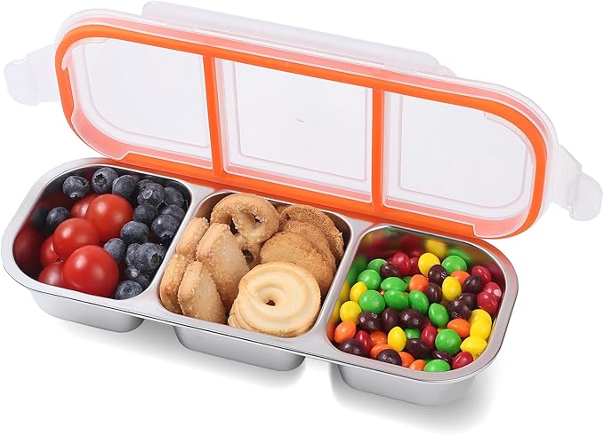 Stainless Steel Snack Containers with Lids, Reusable Condiment Box, 3 Compartment Sauce Cups for Home, Travel