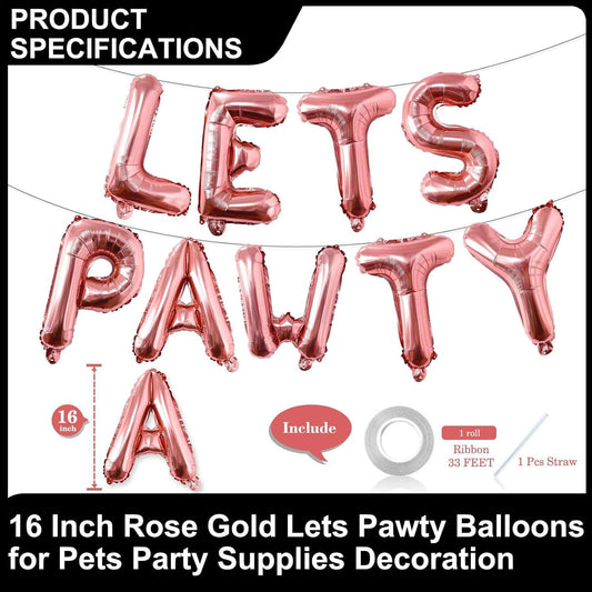 9 Pcs Lets Pawty Balloons Banner 16 Inch, Dog Cat Pet Birthday Letters Sign Lets Pawty Balloons Happy Birthday Banner for Pet Dog Cat Party Supplies Decorations (Rose Gold)