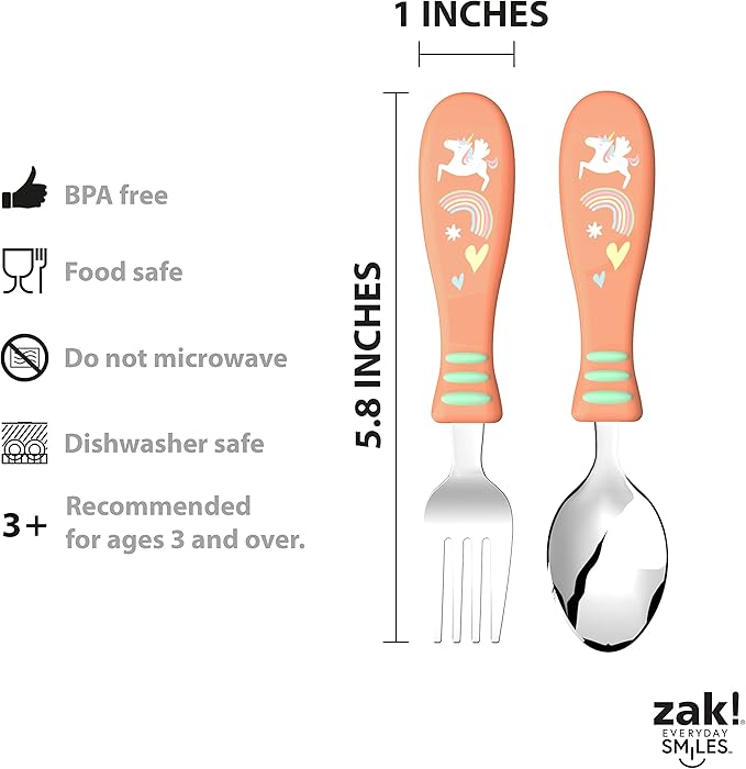 Zak Designs 5-Piece Dinnerware Set, Unicorn - Durable Plastic & Stainless Steel - Includes Water Bottle, 8-Inch Plate, 6-Inch Bowl, Fork & Spoon - Suitable for Kids Ages 3+