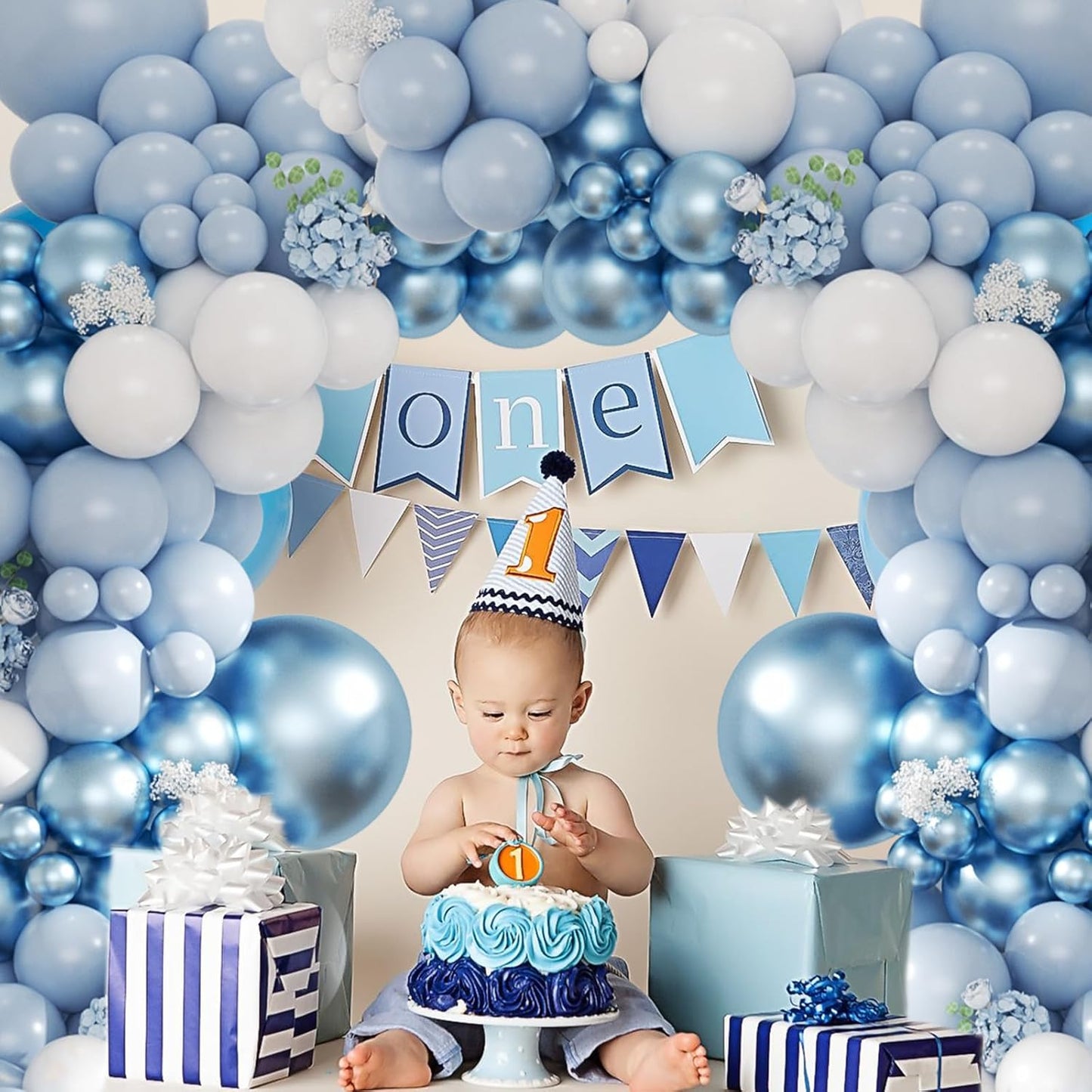 Dusty Blue Balloon Arch Kit, 134pcs Metallic Blue and White Balloons Garland Kits for Birthday Wedding Baby Shower Bridal Party Anniversary Decorations