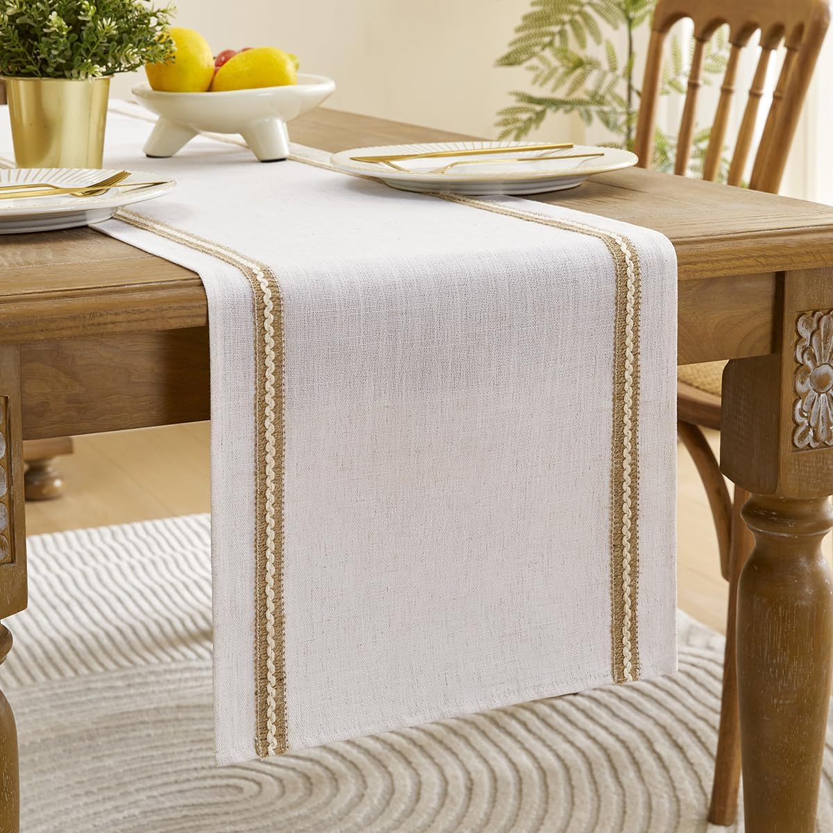 Wracra Jute Farmhouse Table Runner, Macrame Rustic Dining Table Runners 90 Inches Long for Everyday Use, 14x90 Inches, Jute