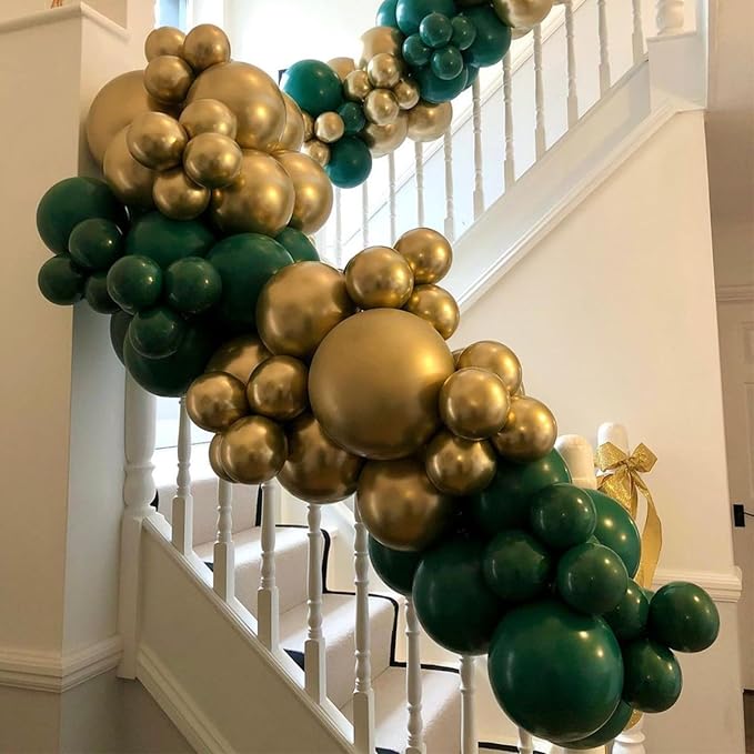 Green and Gold Balloons Arch Garland Kit, 134pcs Metallic Gold and Dark Green Balloons with Different Size for Birthday, Graduation, St. Patrick's Day, Baby Shower, Jungle Party Decorations…