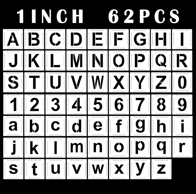 Mossdecal 62pcs Letter Stencils and Numbers 1 Inch, Small Reusable Alphabet Templates Interlocking Stencil Kit for Painting on Wood, Wall, Fabric, Rock, Chalkboard, Sign, Art Craft Stencils