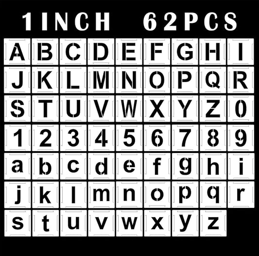 Mossdecal 62pcs Letter Stencils and Numbers 1 Inch, Small Reusable Alphabet Templates Interlocking Stencil Kit for Painting on Wood, Wall, Fabric, Rock, Chalkboard, Sign, Art Craft Stencils