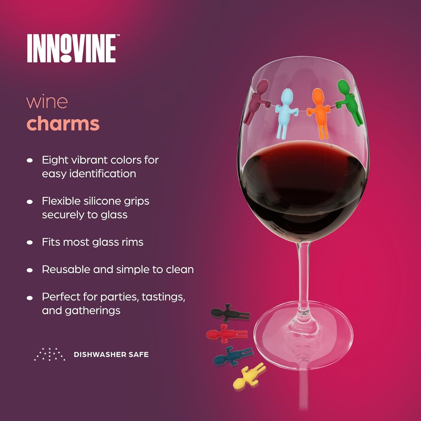 Innovine Wine Charms, Vibrant Silicone Drink Markers, Reusable Glass Charm Stemmed and Stemless Glasses, Perfect for Housewarming, Birthday, Dinner, Outdoor Party, Set of 8