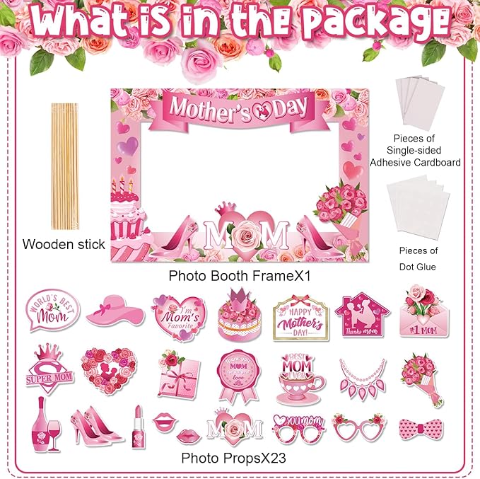 Mothers Day Decorations 23pcs Mothers Day Photo Booth Props and Pink Photo Frame Happy Mothers Day Selfie Props with Sticks for Mother Day Party Supplies