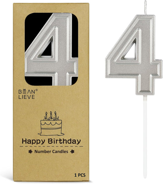 BEAN LIEVE Silver Birthday Candles Number 4, Silver Number Candles, Cake Number Candles for Birthday Parties and Wedding Anniversary Celebrations