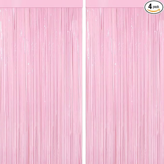 4 Packs Pastel Pink Foil Fringe Curtain, Baby Pink Metallic Tinsel Backdrop for Birthday, Wedding, Baby Shower, Princess Bachelorette Cowgirl Bow Party Decorations Supplies