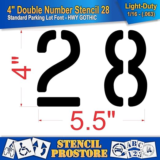 Pavement, Curb, and WheelStop Stencils - 4 inch Double Number Stencil - (28) - 4" x 5.5" x 1/16" (63 mil) - Light-Duty