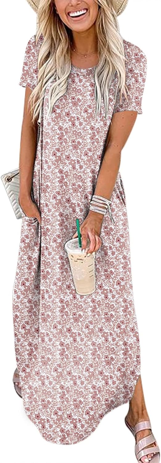 ANRABESS Womens Summer Maxi Dress Short Sleeve Casual Loose Long T Shirt Dresses Split Vacation Beach Sundress Travel Outfits