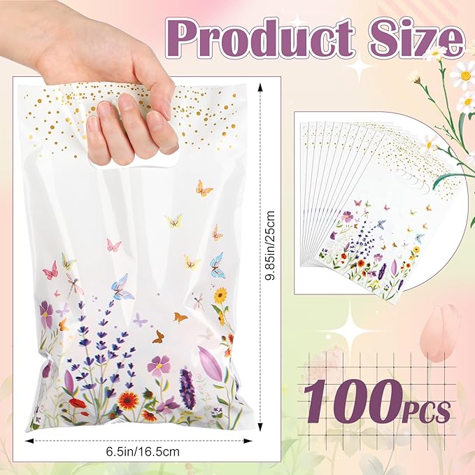 Frienda 100 Pcs Spring Gift Bags with Handles, Wildflower Plastic Treat Bags Spring Party Favor Bag for Candy, Cookies, Snacks and Small Gifts, Floral Goodie Bag for Baby Shower, Wedding