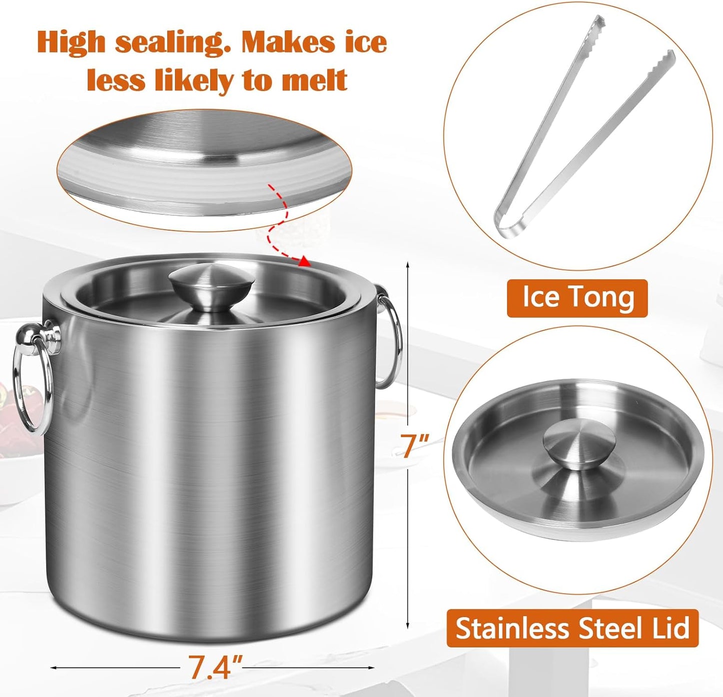 Ice Bucket with Lid & Tong- Well Made Insulated Stainless Steel Keep Ice Frozen Longer - Ideal for Cocktail Bar, Parties, Chilling Wine, Champagne - 3 Liter (Stainless Steel)